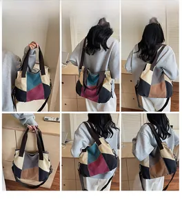 Detailed views of multi-color patchwork canvas tote bag showing various carrying styles