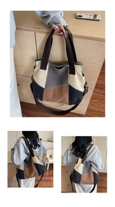 Detail of color-block canvas tote bag with adjustable wide strap and patchwork design