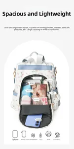 Interior layout of floral canvas backpack showing organized compartments for tablet and essentials