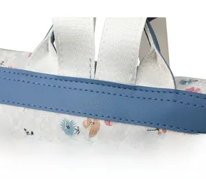 Detail of blue pebble leather trim and floral embroidery with reinforced stitching