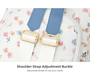 Detail of adjustable metal buckle on floral canvas backpack with lace overlay and blue strap