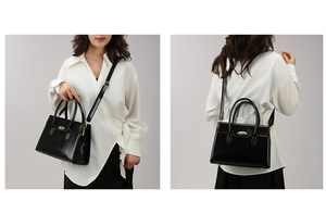 Black leather tote set with gold oval twist lock and adjustable shoulder straps
