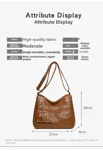 Detail of a brown PU leather shoulder bag featuring multiple zipper pockets and soft texture