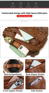 Detailed view of brown soft leather crossbody bag with multiple zippered compartments
