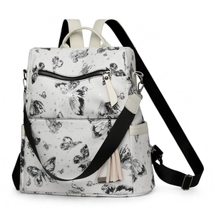 White butterfly print backpack with tassel, large capacity travel bag for women
