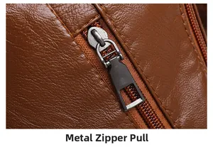 Macro detail of high-quality hardware zipper puller on a brown textured leather bag