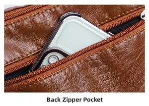 Macro shot of back zipper pocket on brown lychee leather bag showing phone storage