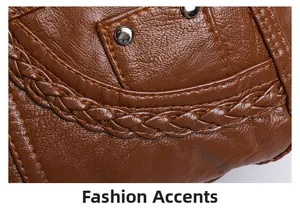 Detail of brown litchi pattern leather bag with woven accents and silver rivets