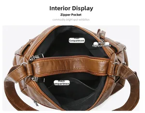 Vista interna della borsa in pelle marrone con scomparti multipli e tasche zip