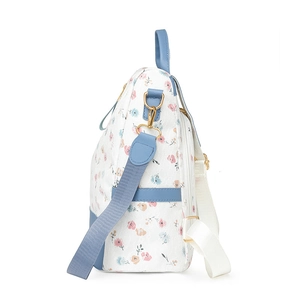 White floral large capacity backpack for women with blue leather straps and gold metal hooks