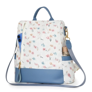 Floral print large capacity backpack for women with blue faux leather details and multi-pockets