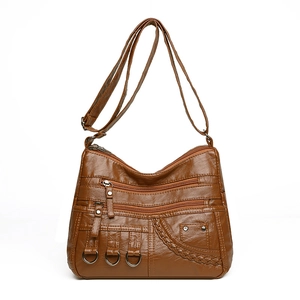 Women Crossbody Bag Soft PU Leather Multi Zipper Pockets Woven Detail Vintage Shoulder Messenger Handbag For Daily Use