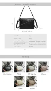 Detailed size chart and multi-color options for soft PU leather crossbody bag