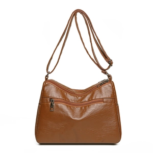 Caramel brown woven texture shoulder bag with multi-layer zippers and soft PU leather