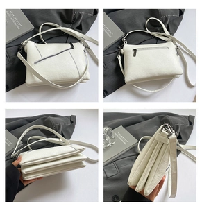 Detailed multi-angle view of a white textured crossbody bag with triple compartments