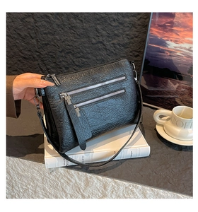 Macro detail of black textured leather bag with metallic zippers and decorative pulls