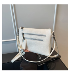 Detail of white PU leather crossbody bag featuring textured finish and dual front metal zippers