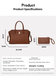 Tabella taglie dettagliata per borsa a mano marrone e pochette coordinata in pelle