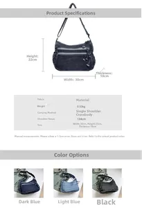 Detailed size chart and multi-color options for the 30cm denim crossbody bag