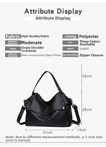 Detailed technical specification chart for this black high-capacity faux leather tote bag