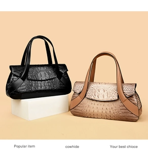 Detail of high-quality crocodile texture on black and beige cowhide handbags