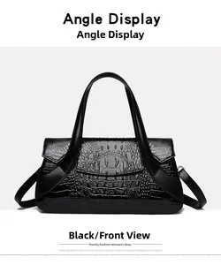 Front view of black crocodile pattern handbag with handle and adjustable shoulder strap