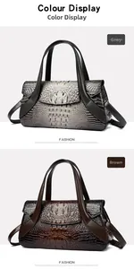 Fashionable grey and brown crocodile embossed handbags with top handles and shoulder straps