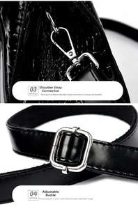 Close-up of adjustable shoulder strap with silver hardware on black crocodile handbag