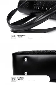 Close-up of crocodile pattern leather bag with reinforced handle and bottom studs