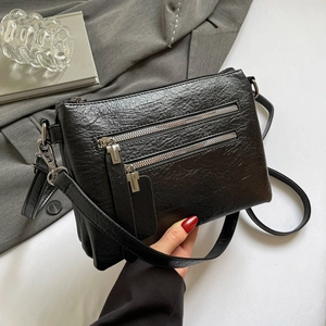 Women's Vintage PU Leather Crossbody Bag Multi-Pocket Parallel Zippers Small Square Shoulder Bag Simple Fashion