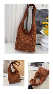 Macro detail of brown suede hobo bag featuring silver rivet stud diamond patterns