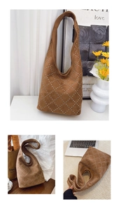 Detailed views of brown suede hobo bag with silver rivets in various lifestyle settings