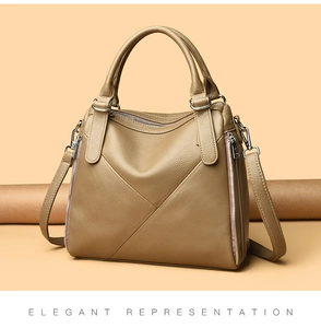Close-up of light brown litchi pattern leather handbag with silver hardware and dual handles