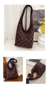 Detail of vintage brown suede hobo bag with silver rivet studs in diamond pattern