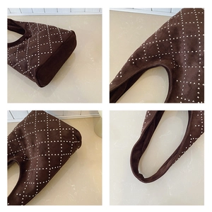 Detailed close-up views of brown suede shoulder bag with silver metallic rivets