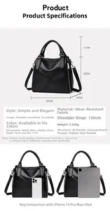 Detailed size specifications for black textured faux leather tote with dimension markings