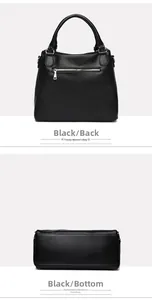 Detail view of the back and bottom of a black pebbled leather tote with silver zipper