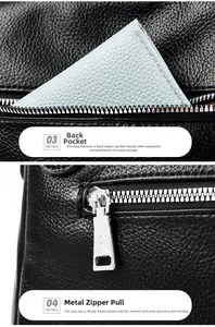Detail of black lychee grain leather handbag featuring back zipper pocket and silver metal puller