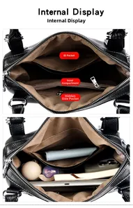 Internal view of black lychee leather tote bag showing multi-pocket storage layout