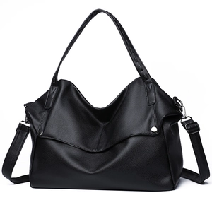 Large black leather Hobo tote bag with V-shaped flap and silver studs for women
