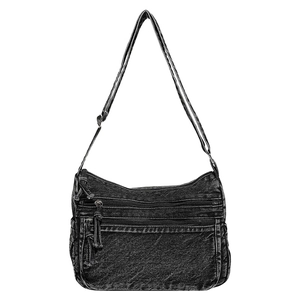 Large capacity washed black denim crossbody bag with multiple zipper pockets for women