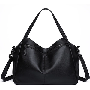 Large capacity black leather tote bag with pebble texture and adjustable shoulder strap