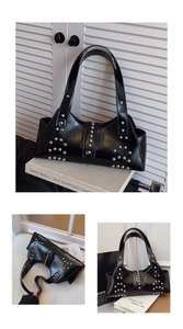 Détail du sac bandoulière noir brillant orné de rivets argentés polis en matrice