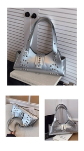 Détail d'un sac argenté en similicuir avec rivets sphériques et décor minimaliste