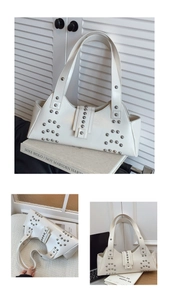 Gros plan d'un sac à bandoulière en similicuir blanc cassé avec des rivets argentés chic