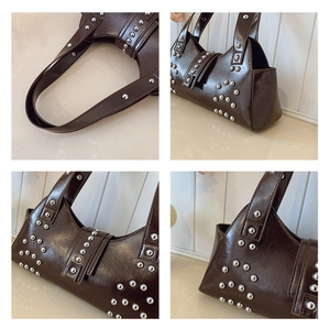 Détails du sac à bandoulière en cuir marron vintage avec rivets métalliques argentés