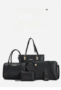 Detail view of five-piece black PU tote bag set with embossed texture and gold hardware