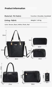 Detailed view of 6-piece black PU leather tote bag set with dimensions and woven texture