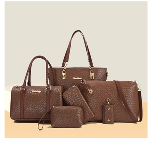 Detailed view of 6-piece brown tote bag set with woven texture and gold hardware