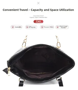 Top view of spacious black tote bag interior showing premium texture and pockets